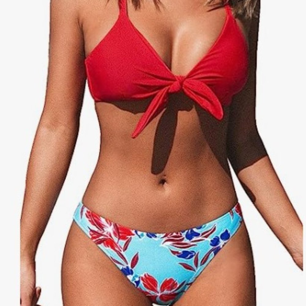 CUPSHE Women's Two Piece Bikini Set Floral Print Knot Bunny Tie